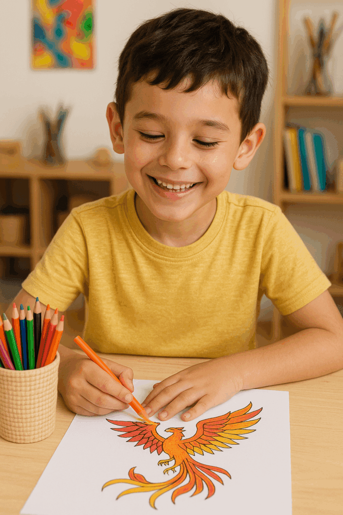 Realistic image of a smiling child in art therapy section, coloring an image of Phoenix.