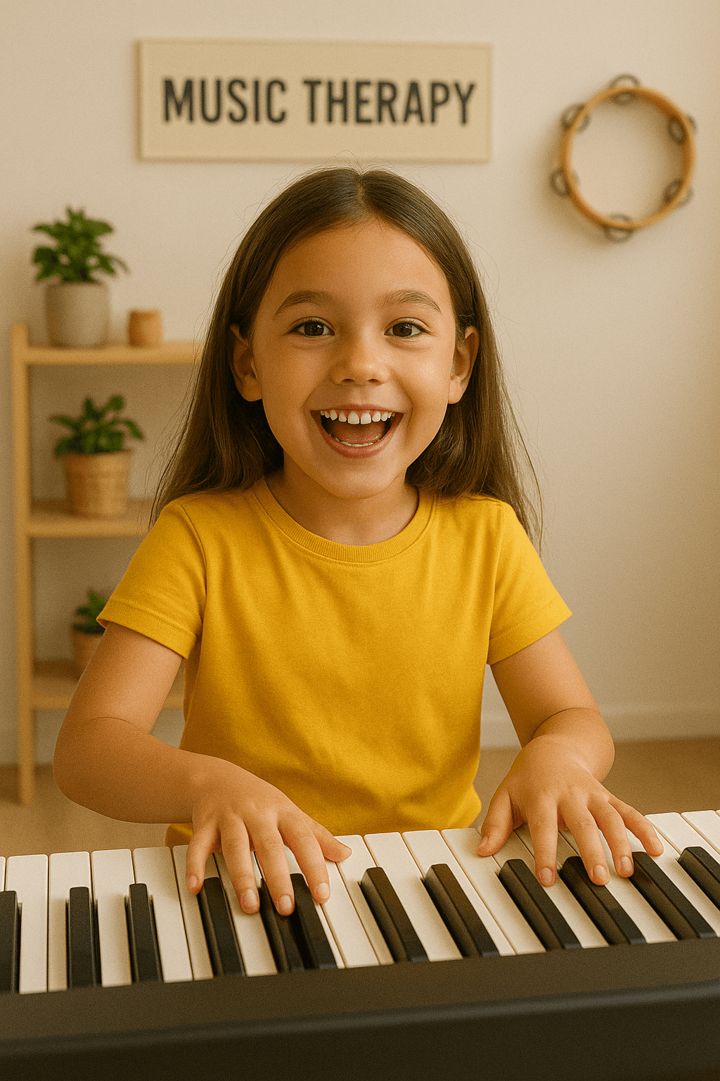 Realistic image of a girl with mustard-colored pullover, cheerful in the music therapy section, sitting playing a piano.