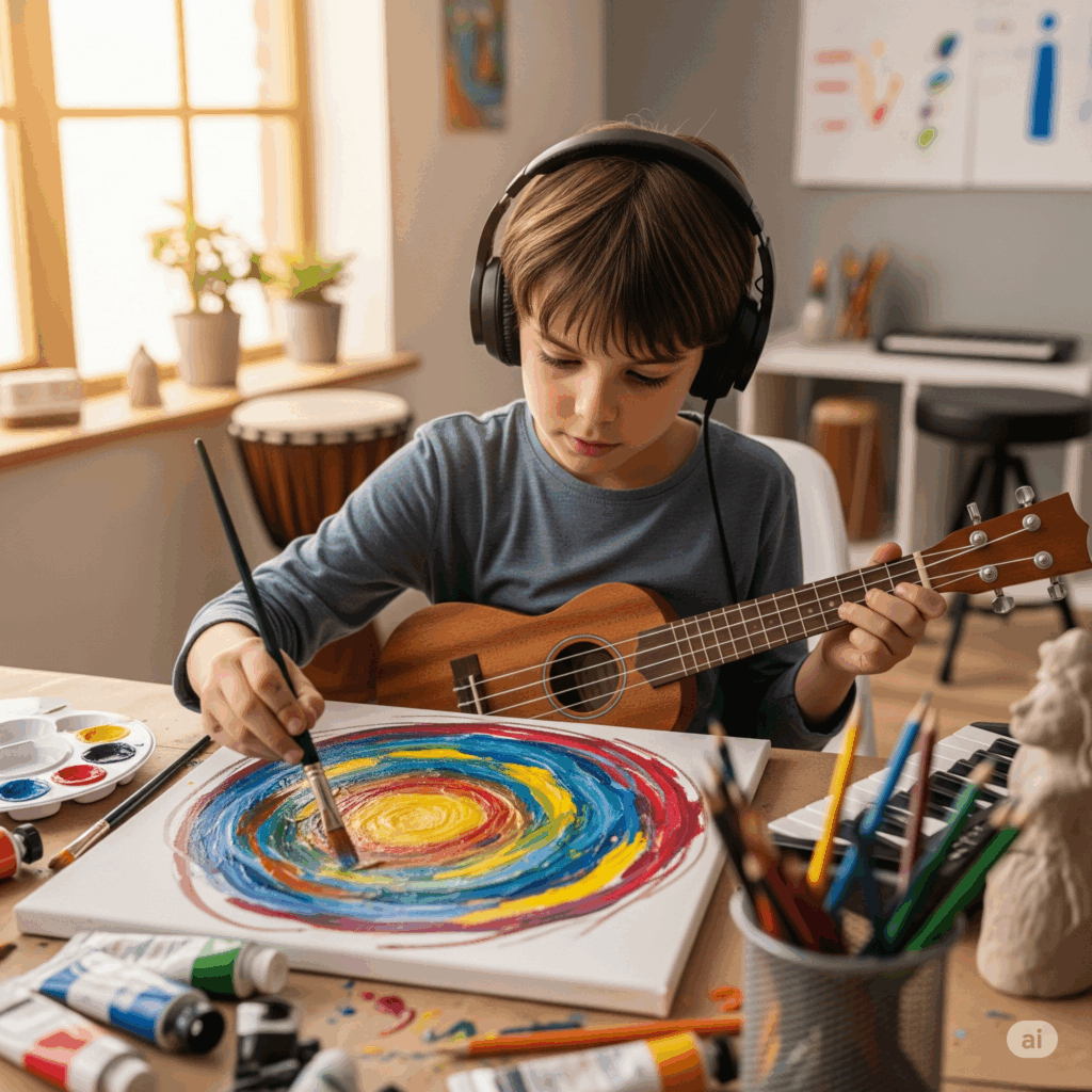 Creative Expansion through Art and Music A little boy plays a ukulele and paints a canvas in a bright art studio.