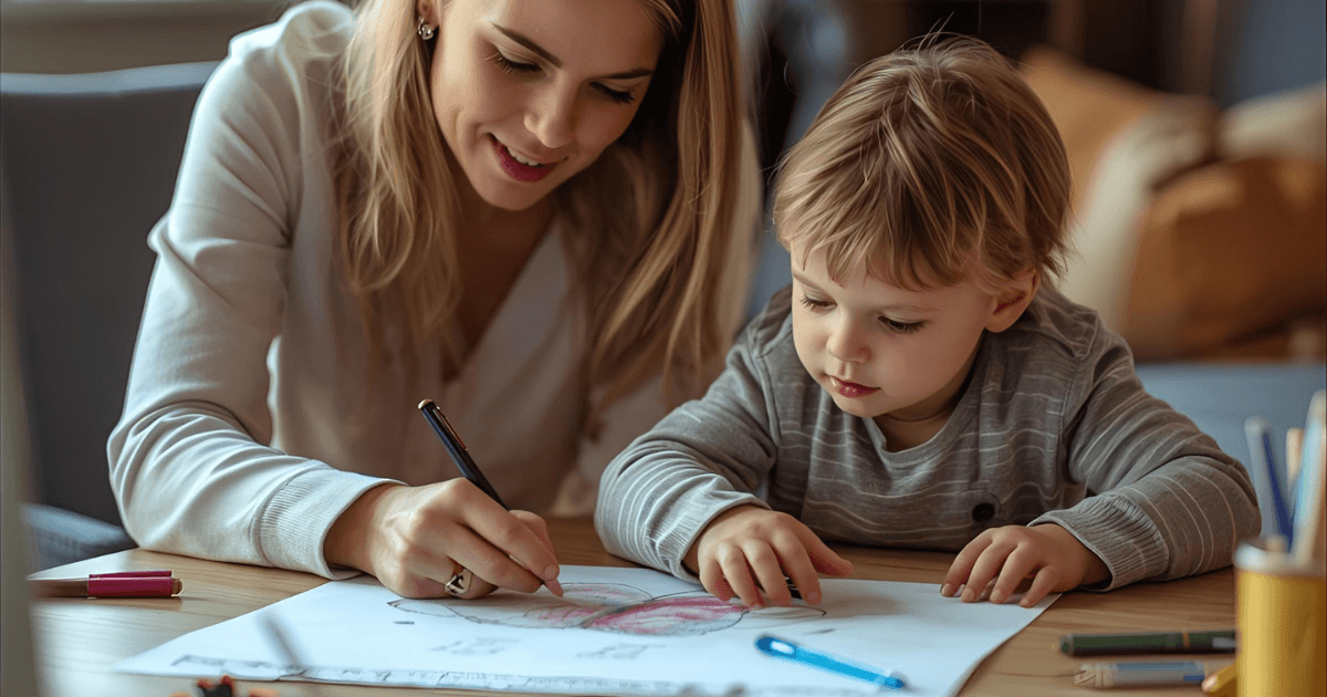 Illuminated therapy room, female therapist with long blonde hair, in art therapy section, showing a child how to draw, her face reflects happiness